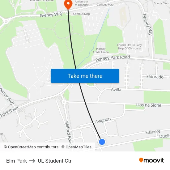 Elm Park to UL Student Ctr map