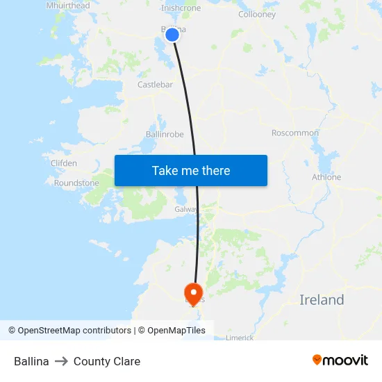 Ballina to County Clare map