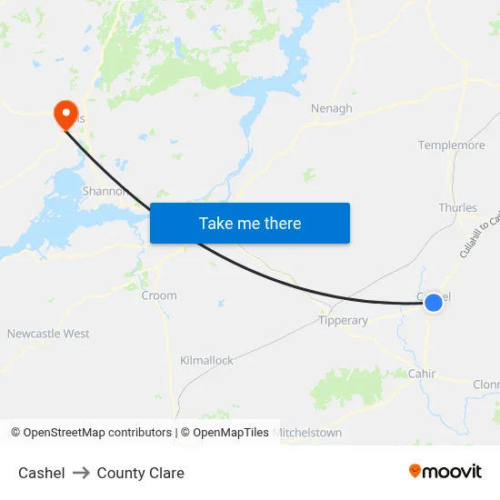Cashel to County Clare map