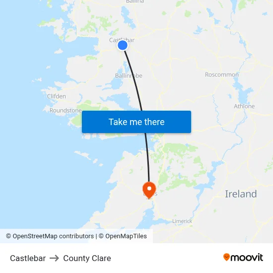 Castlebar to County Clare map