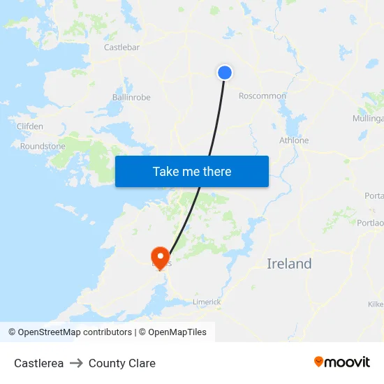 Castlerea to County Clare map