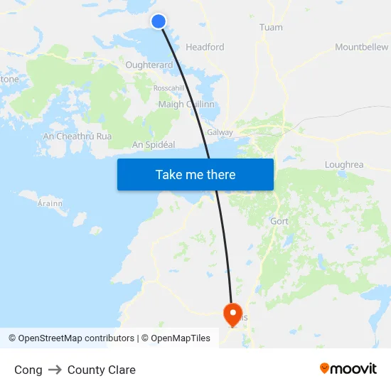 Cong to County Clare map