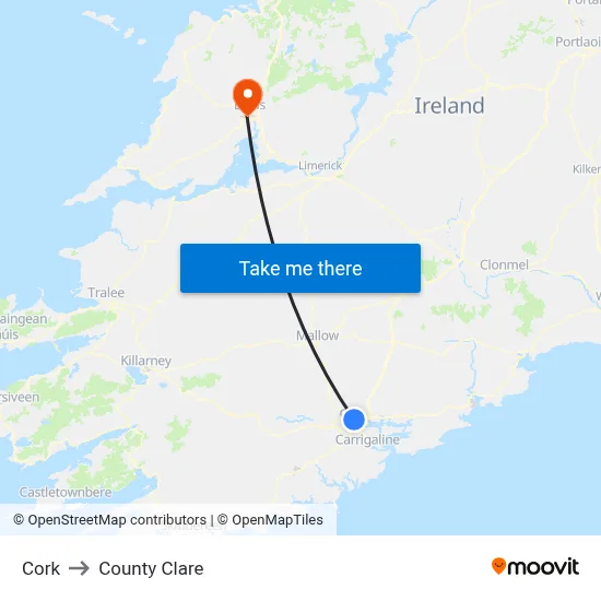Cork to County Clare map
