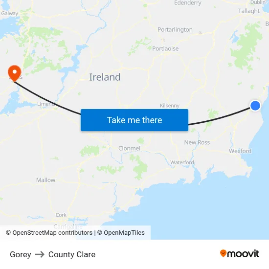 Gorey to County Clare map