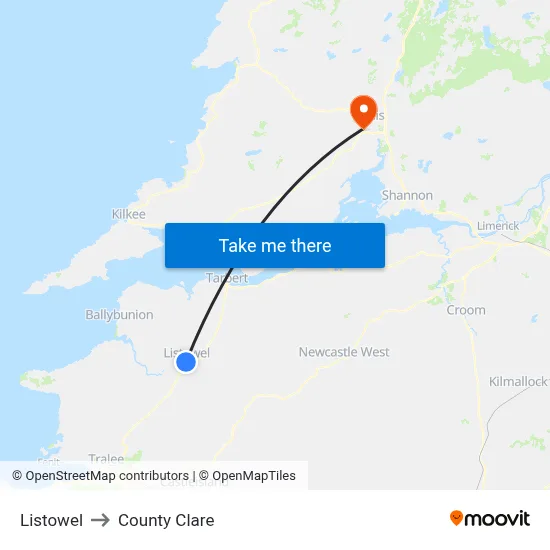 Listowel to County Clare map