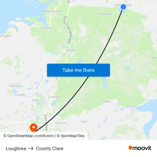 Loughrea to County Clare map