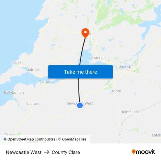 Newcastle West to County Clare map