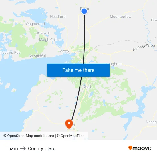 Tuam to County Clare map