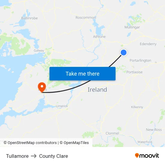 Tullamore to County Clare map