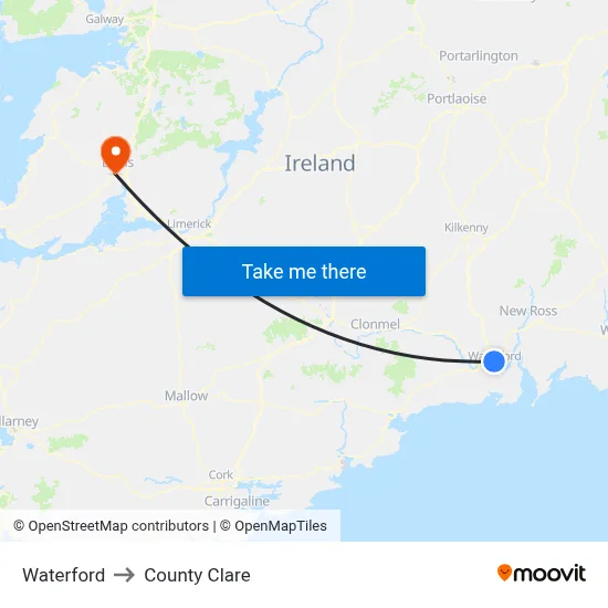 Waterford to County Clare map