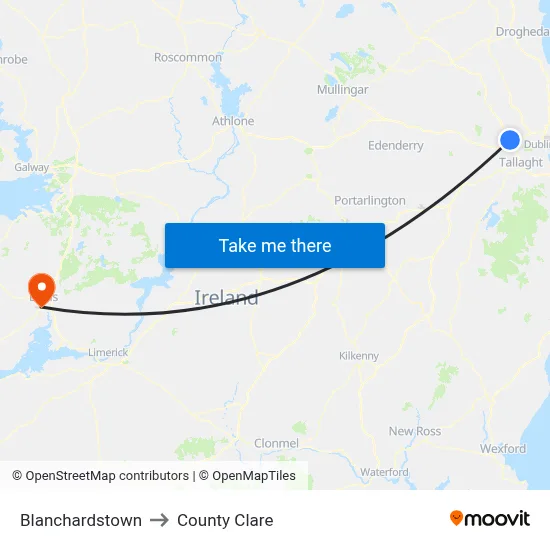 Blanchardstown to County Clare map