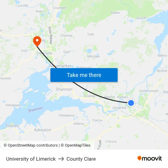 University of Limerick to County Clare map