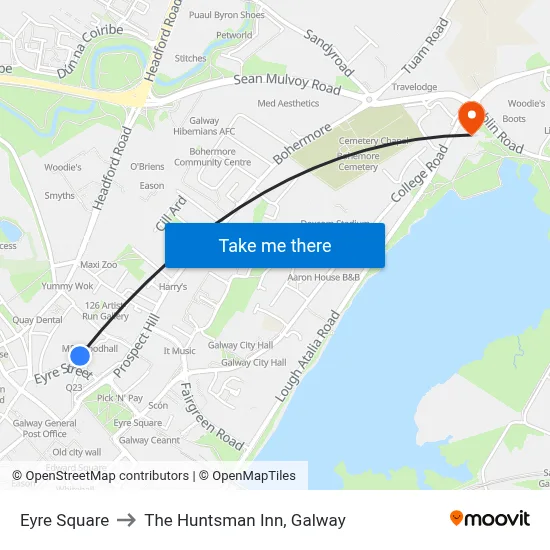 Eyre Square to The Huntsman Inn, Galway map