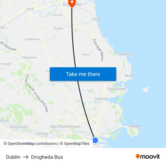 Dublin to Drogheda Bus map