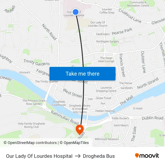 Our Lady Of Lourdes Hospital to Drogheda Bus map
