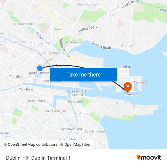 Dublin to Dublin Terminal 1 map