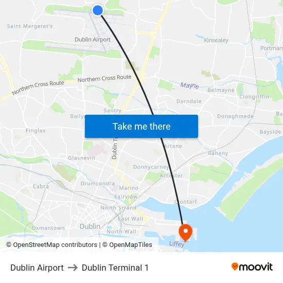 Dublin Airport to Dublin Terminal 1 map