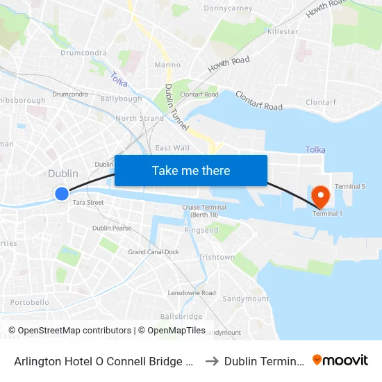 Arlington Hotel O Connell Bridge Dublin to Dublin Terminal 1 map