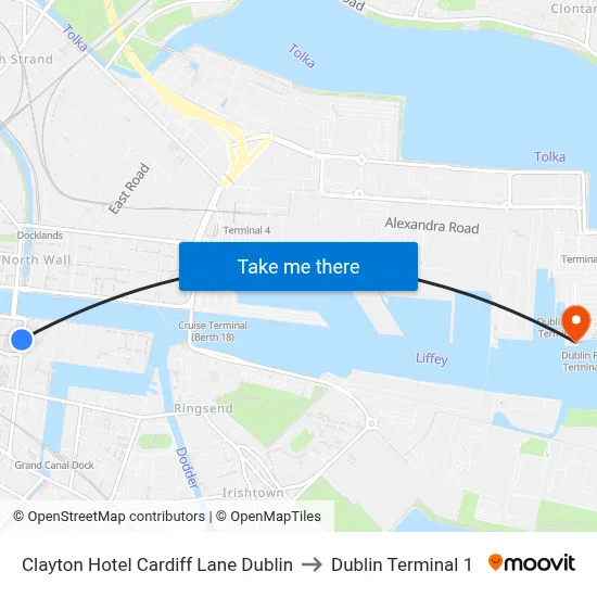 Clayton Hotel Cardiff Lane Dublin to Dublin Terminal 1 map