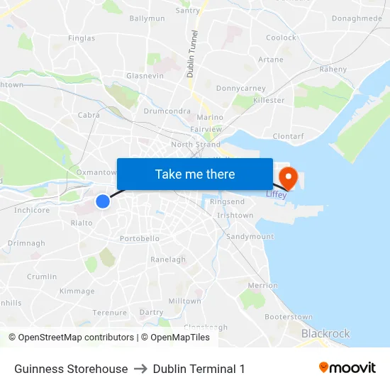 Guinness Storehouse to Dublin Terminal 1 map
