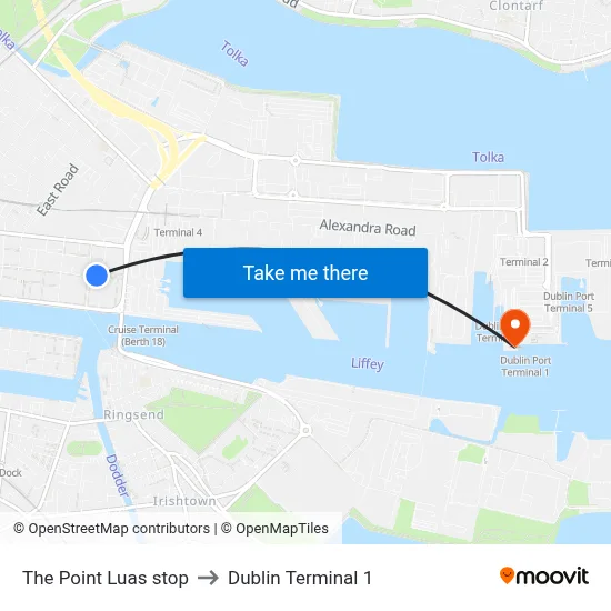 The Point Luas stop to Dublin Terminal 1 map