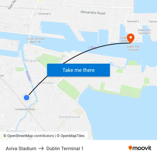 Aviva Stadium to Dublin Terminal 1 map