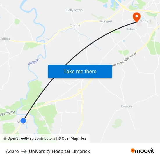Adare to University Hospital Limerick map