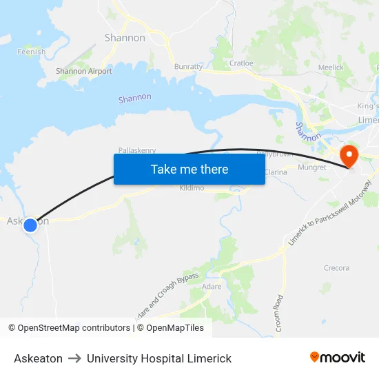 Askeaton to University Hospital Limerick map