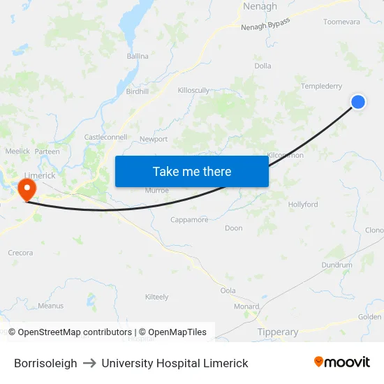 Borrisoleigh to University Hospital Limerick map