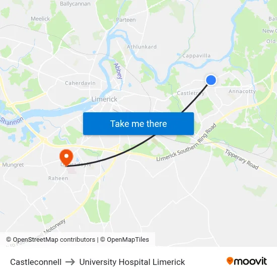 Castleconnell to University Hospital Limerick map