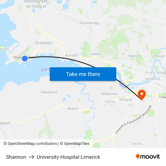 Shannon to University Hospital Limerick map
