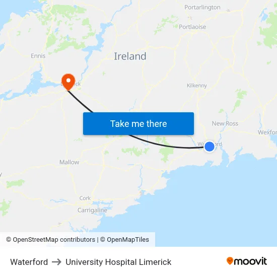 Waterford to University Hospital Limerick map