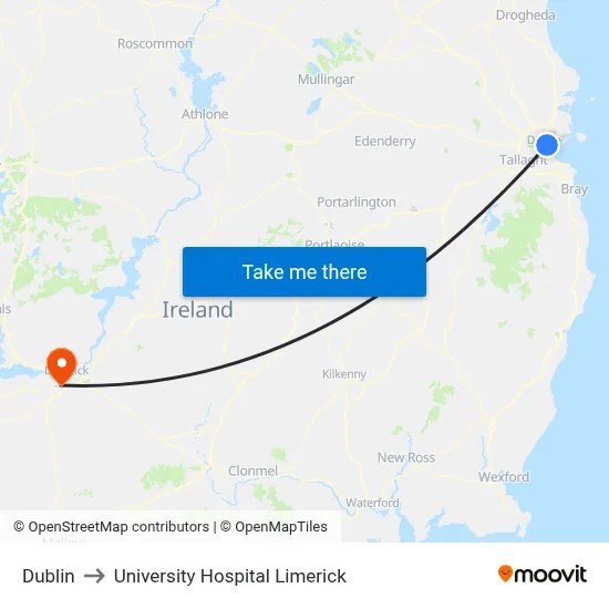 Dublin to University Hospital Limerick map