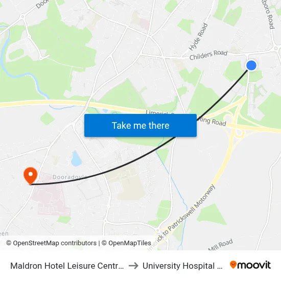 Maldron Hotel Leisure Centre Limerick to University Hospital Limerick map