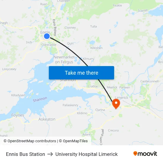 Ennis Bus Station to University Hospital Limerick map