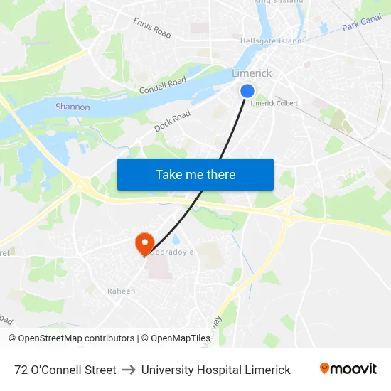 72 O'Connell Street to University Hospital Limerick map