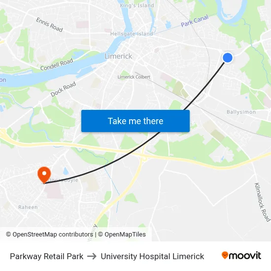Parkway Retail Park to University Hospital Limerick map