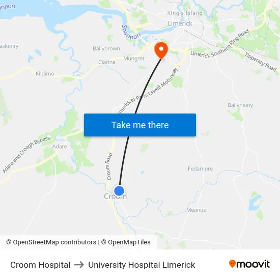 Croom Hospital to University Hospital Limerick map