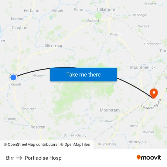 Birr to Portlaoise Hosp map
