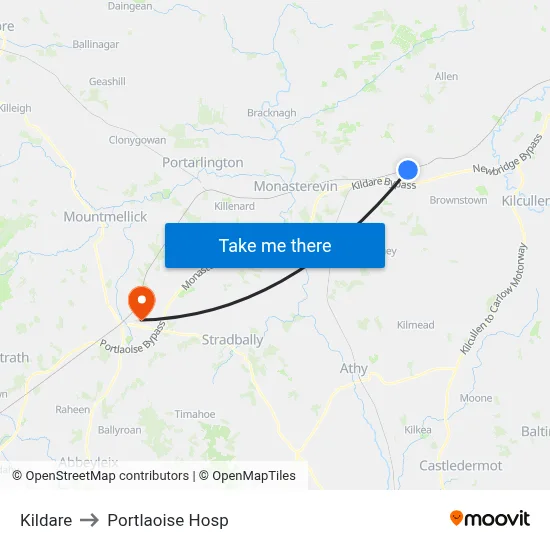 Kildare to Portlaoise Hosp map