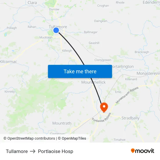 Tullamore to Portlaoise Hosp map