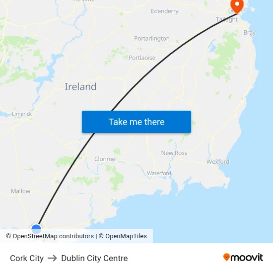 Cork City to Dublin City Centre map