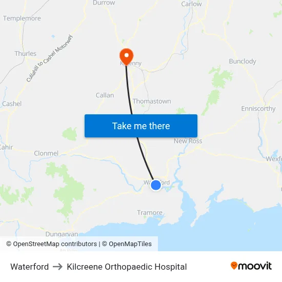 Waterford to Kilcreene Orthopaedic Hospital map