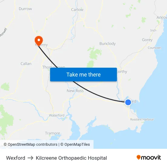 Wexford to Kilcreene Orthopaedic Hospital map