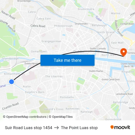 Suir Road Luas stop 1454 to The Point Luas stop map