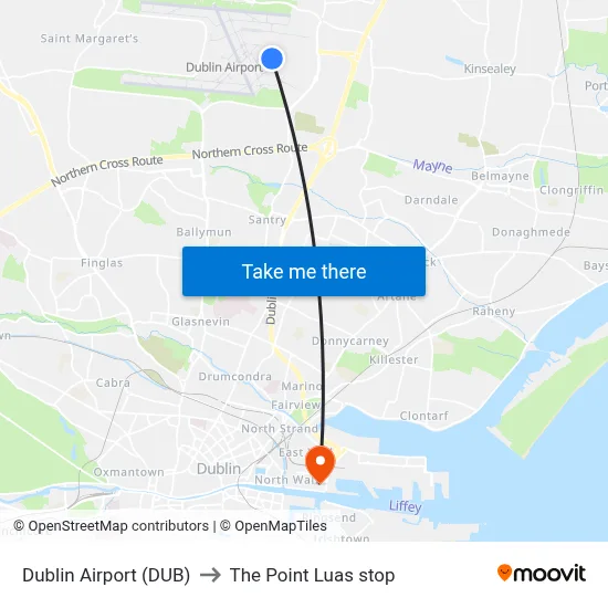 Dublin Airport (DUB) to The Point Luas stop map