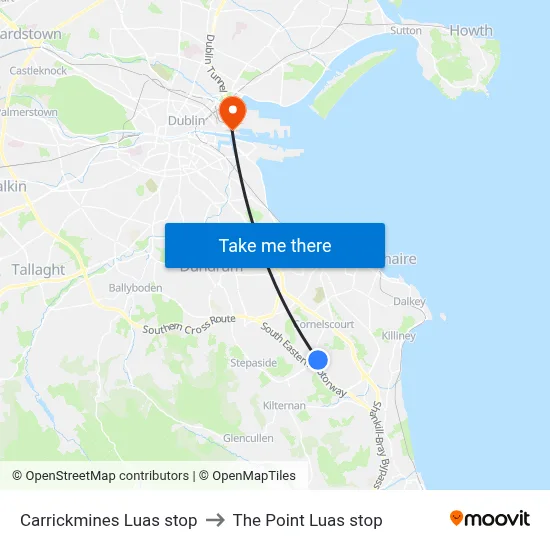 Carrickmines Luas stop to The Point Luas stop map