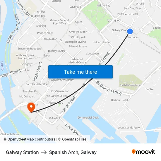 Galway Station to Spanish Arch, Galway map