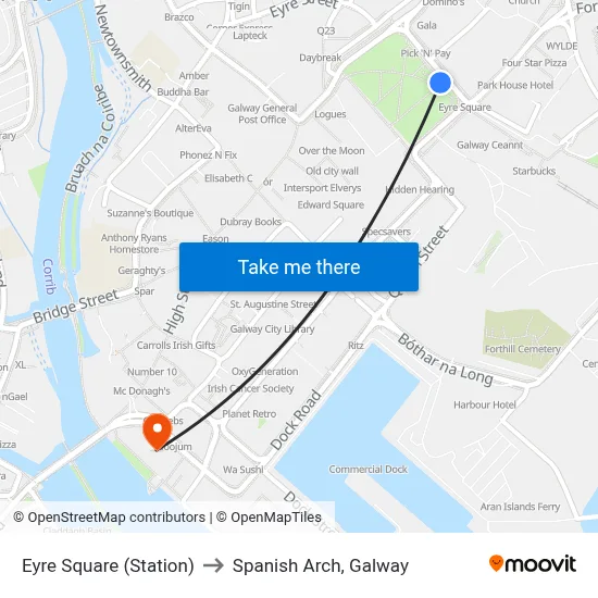 Eyre Square (Station) to Spanish Arch, Galway map