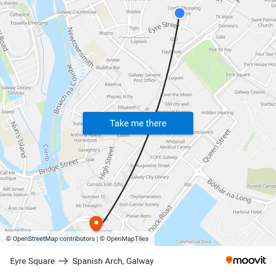 Eyre Square to Spanish Arch, Galway map